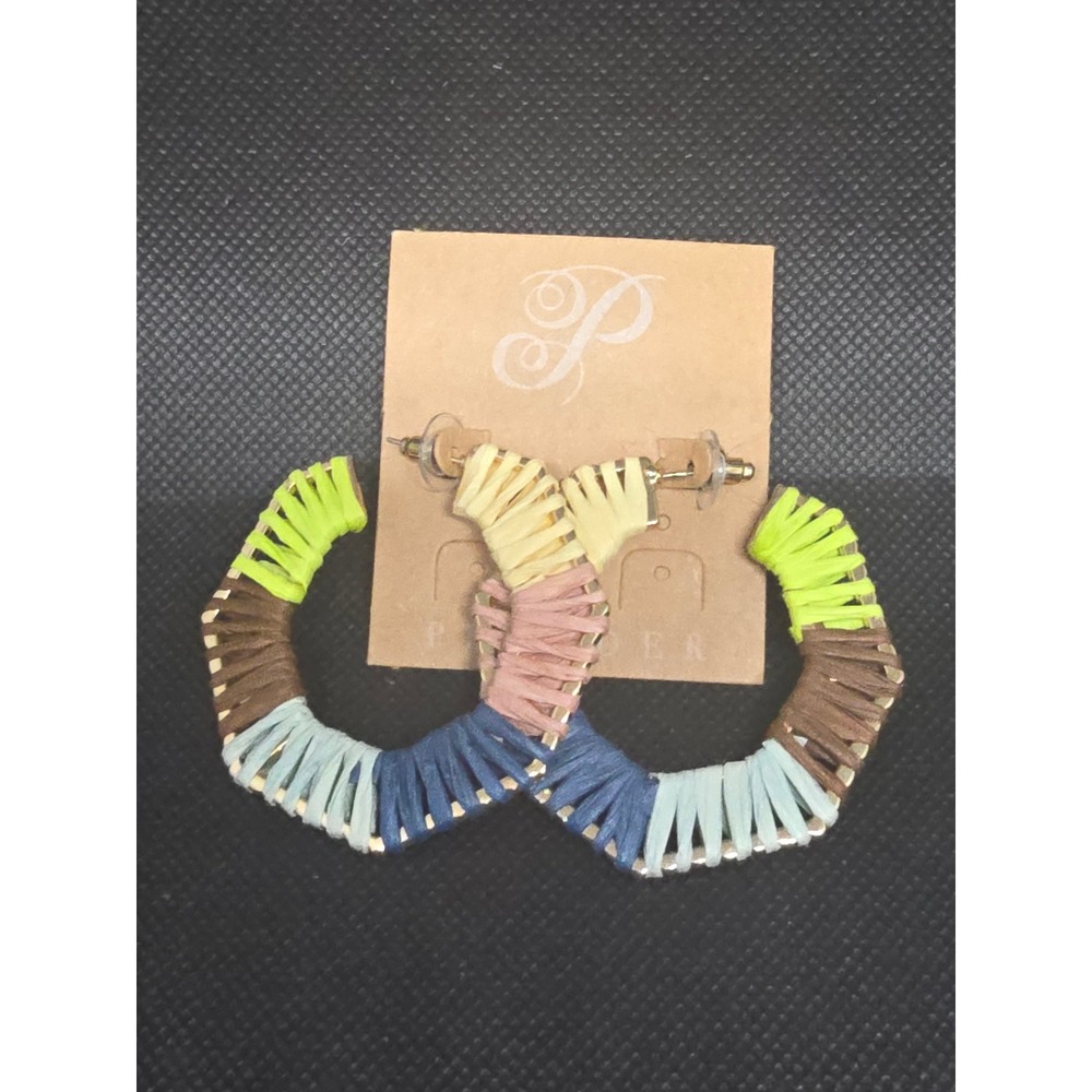 Plunder Design Raffia Wrapped Geometric Hoop Earrings Multi Color Gold Tone Boho